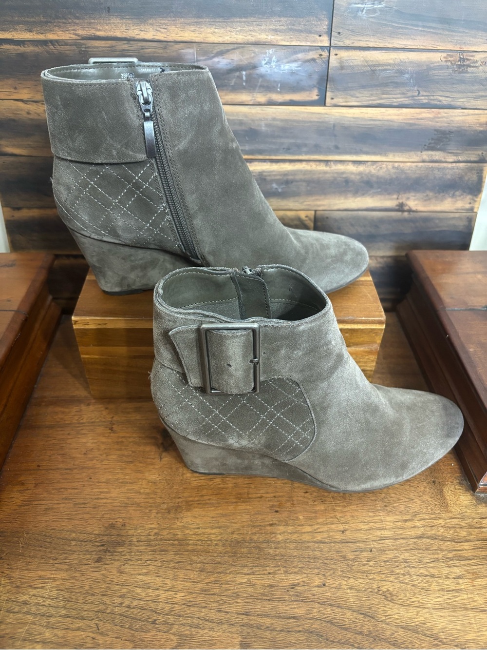 Lauren Blakwell Darlene Suede Wedge Ankle Booties Taupe Gray Size 8